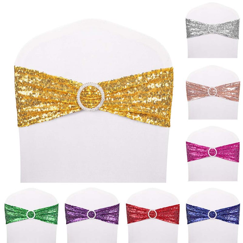 Desirable Life Pack of 50 Chair Sashes Sequin Stretchy Spandex Bands Decorative Bows One-Sided Sequins Decor for Romantic Wedding Party Home Chair Cover Sash Decorations - Gold - Image 4